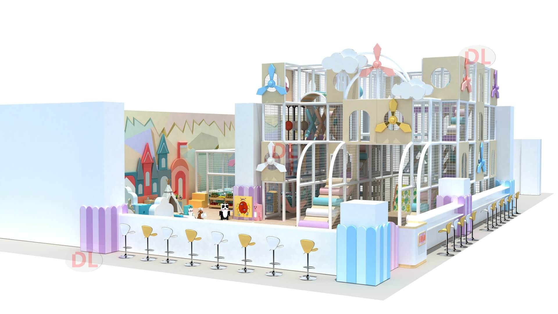 Multi-level indoor play structure with 4-layer design and playful cloud decor