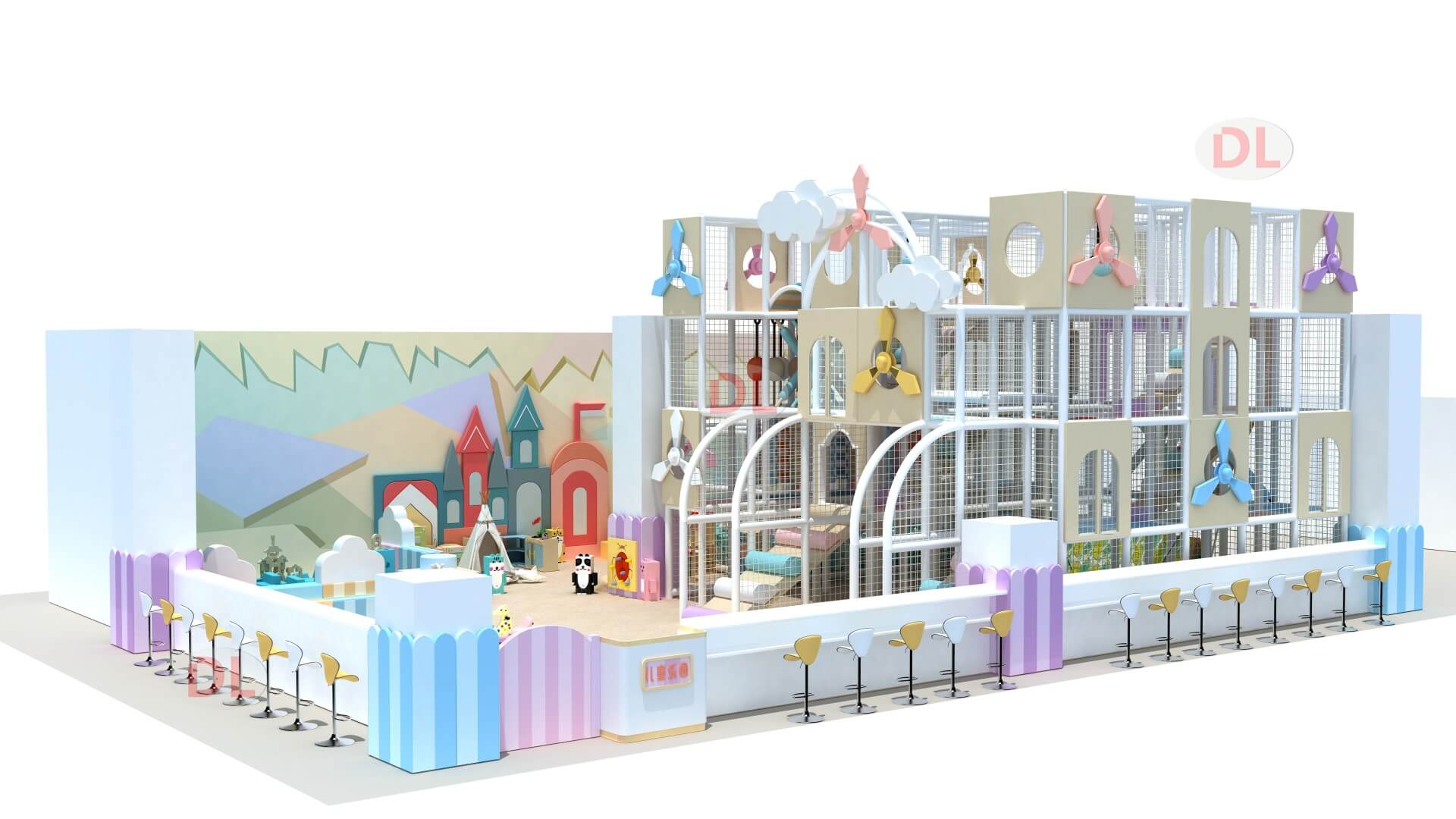 Multi-level indoor play structure with 4-layer design and modern cloud decor