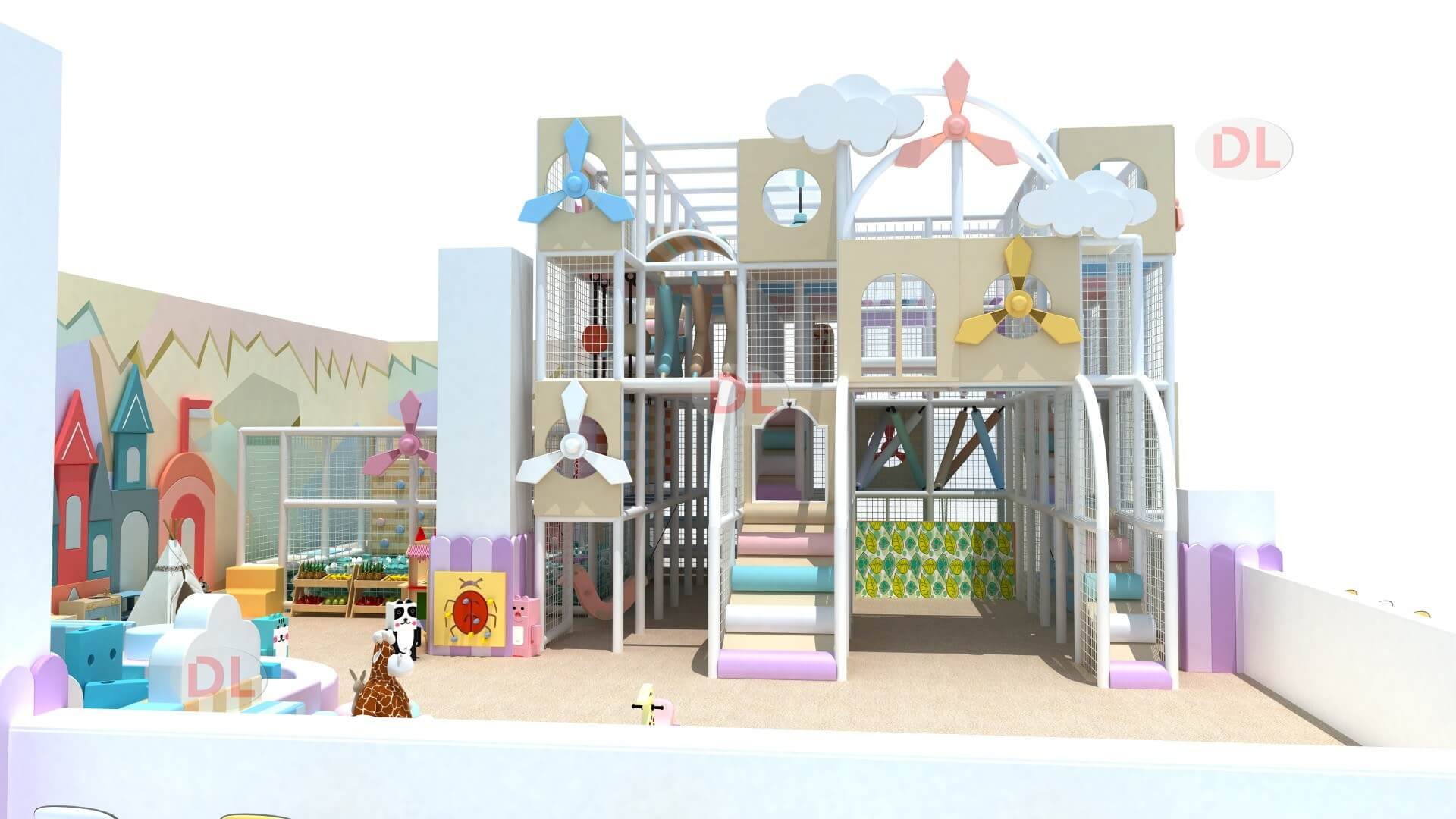 Multi-level indoor play structure with trampoline zone and soft play area