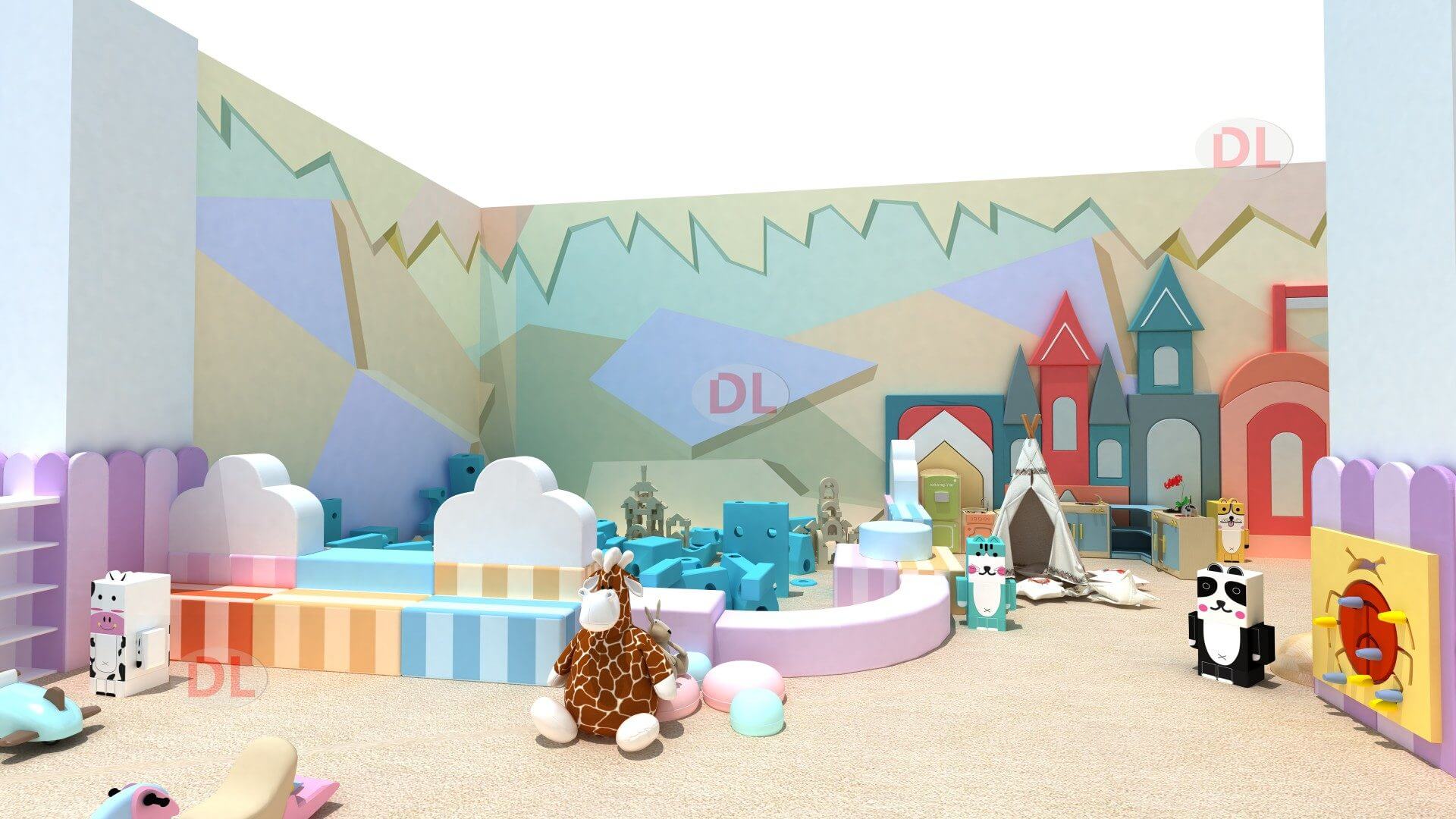 Soft play and building block area of multi-level indoor play structure