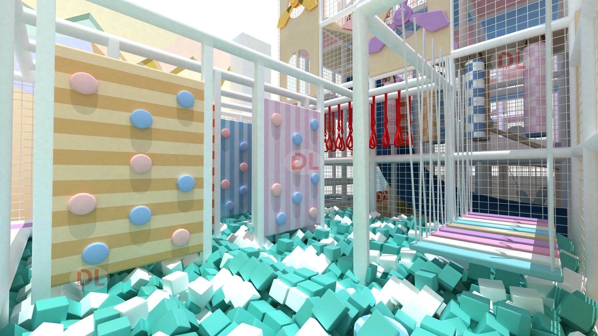 Climbing wall and foam pit area of multi-level indoor play structure