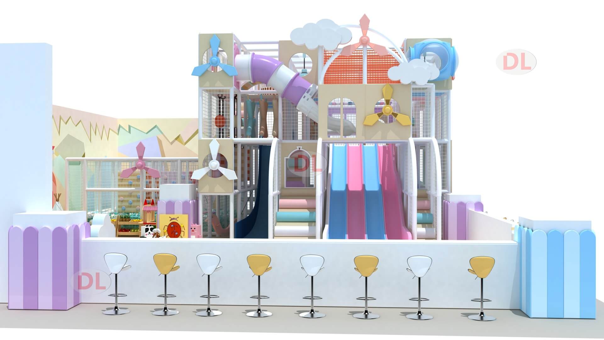 Multi-level indoor play structure with slides and climbing areas for commercial use
