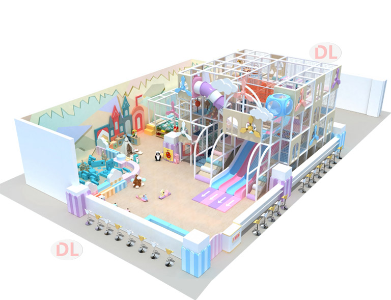 Multi-level indoor play structure with slide and climbing frames for commercial children's playground